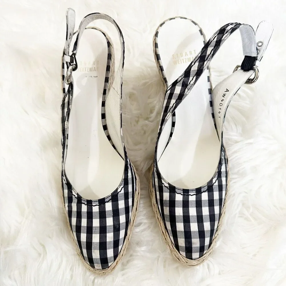 Stuart Weitzman Womens Espadrille Sandal Size 7 Closed Toe Wedge Checkered Beach